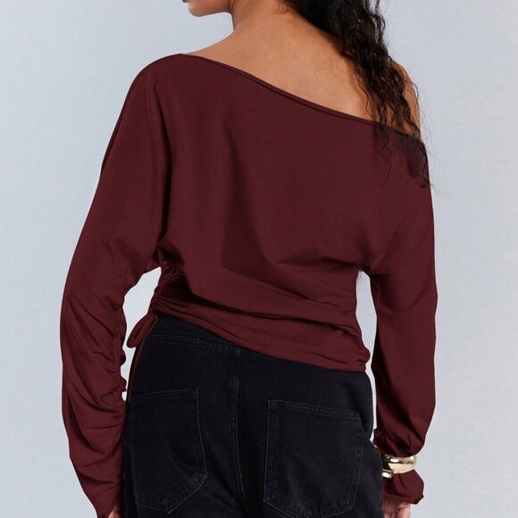 burgundy Casual Women's Asymmetric Collar Drawstring Top - Picture 7 of 7